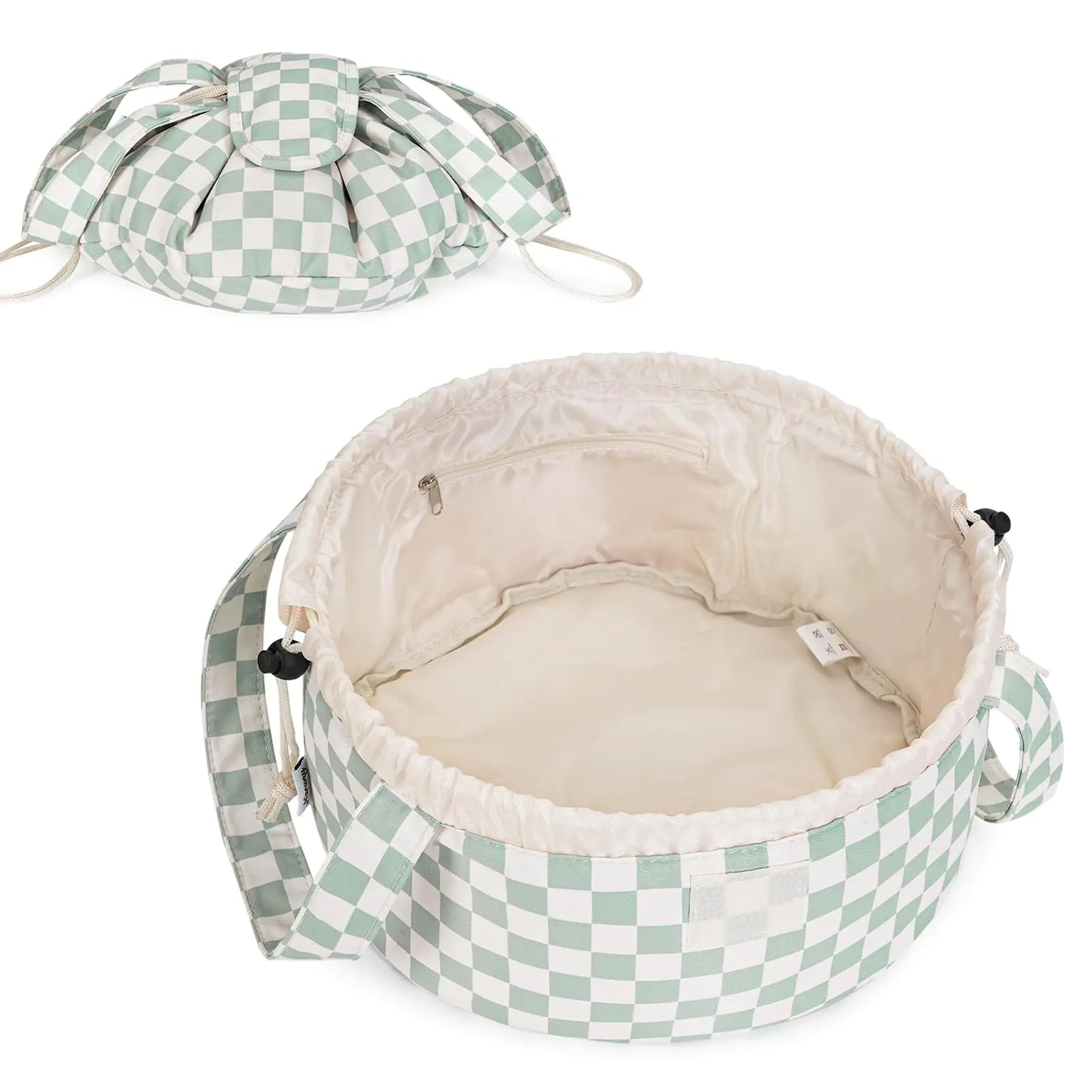 Barrel Drawstring Checkered Makeup Bag